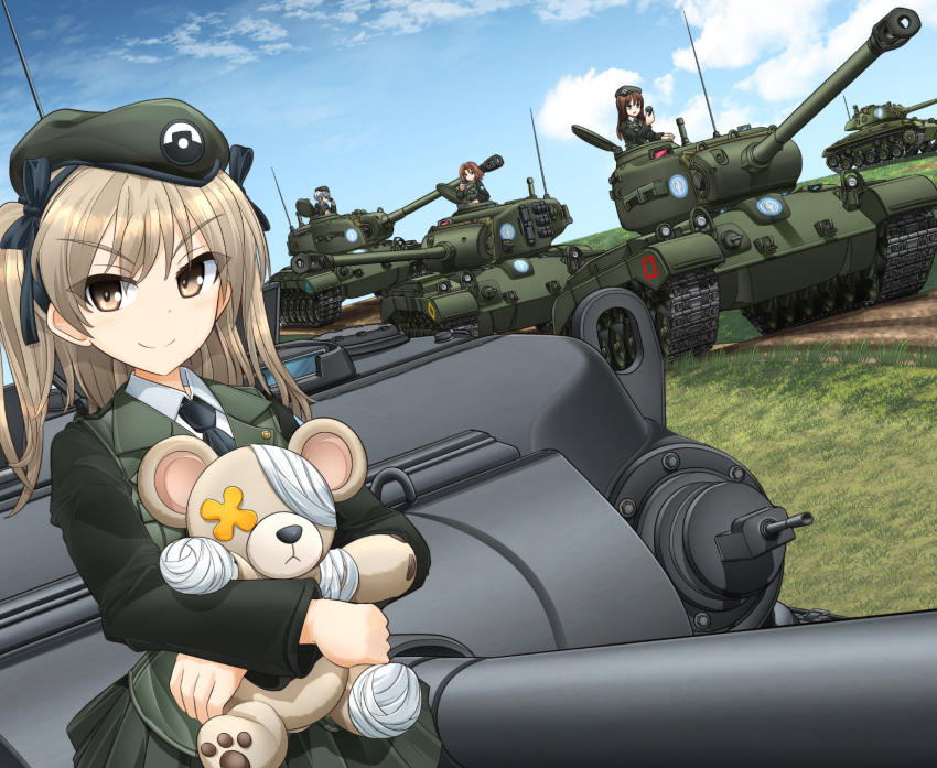 4girls azumi_(girls_und_panzer) bandages beret black_necktie black_ribbon blue_sky boko_(girls_und_panzer) brown_eyes brown_hair caterpillar_tracks centurion_(tank) closed_mouth cloud collared_shirt commentary_request day dirt_road emblem girls_und_panzer grass green_headwear green_jacket green_skirt grey_hair hair_ribbon hat highres holding holding_stuffed_toy jacket japanese_tankery_league_(emblem) light_brown_hair long_hair long_sleeves looking_at_viewer m26_pershing megumi_(girls_und_panzer) mikeran_(mikelan) military_jacket military_vehicle motor_vehicle multiple_girls necktie one_side_up outdoors pleated_skirt radio_antenna ribbon road roundel rumi_(girls_und_panzer) selection_university_(emblem) selection_university_military_uniform shimada_arisu shirt short_hair skirt sky smile solo_focus split_mouth stuffed_animal stuffed_toy tank teddy_bear v-shaped_eyebrows white_shirt