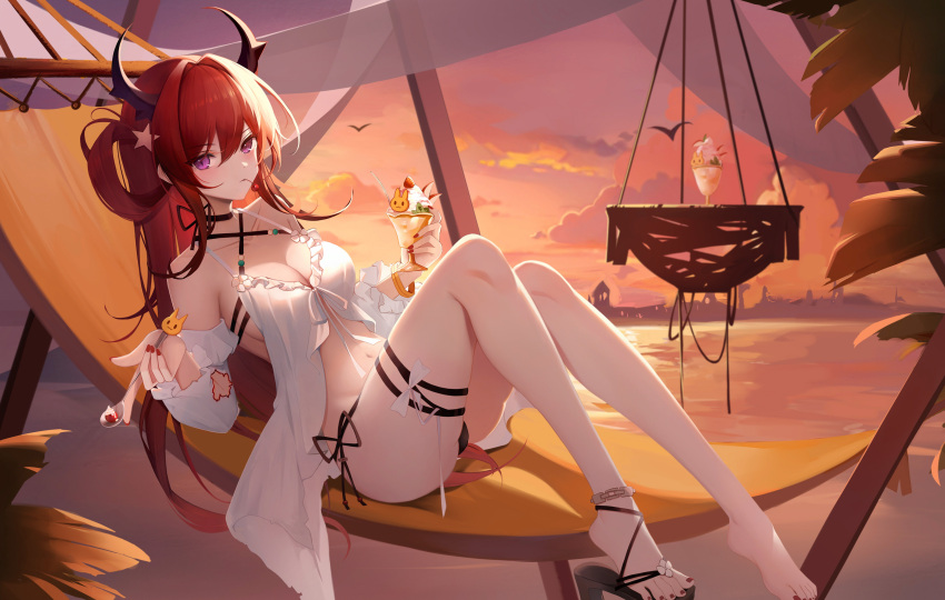 1girl a_shui absurdres arknights bare_shoulders bikini black_bikini black_choker breasts cherry choker cleavage closed_mouth cloud commentary_request criss-cross_halter food fruit full_body hair_ornament hair_rings halterneck hammock highres holding holding_spoon horns ice_cream knees_up legs long_hair looking_at_viewer nail_polish navel official_alternate_costume orange_sky outdoors purple_eyes red_hair red_nails single_barefoot sky solo spoon star_(symbol) star_hair_ornament sundae sunset surtr_(arknights) surtr_(colorful_wonderland)_(arknights) swimsuit swimsuit_cover-up thigh_strap toenail_polish toenails very_long_hair water