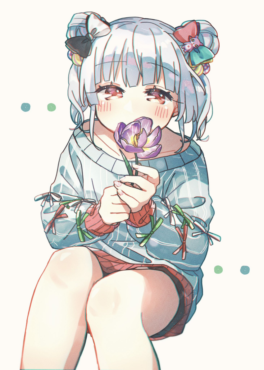 1girl black_bow blue_hair blue_shirt blush bow cha_ipride collarbone covering_mouth double_bun feet_out_of_frame flower from_above hair_bow hair_bun highres holding holding_flower hyodou_shizuku idoly_pride knees_together_feet_apart long_bangs long_sleeves looking_at_viewer own_hands_together pinstripe_pattern pinstripe_shirt purple_flower raised_eyebrows red_eyes red_skirt shirt short_twintails sidelocks simple_background skirt solo striped twintails two-tone_bow white_background white_bow