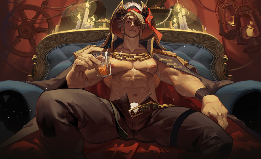 1boy abs absurdres bara bare_pectorals blonde_hair bulge_peek coat coat_on_shoulders come_hither cup drinking_glass eugene_kidd eyepatch feet_out_of_frame from_below glint highres juhachiii large_pectorals looking_at_viewer male_focus male_underwear male_underwear_peek mature_male muscular muscular_male navel nipples open_fly original pants pectorals pirate red_eyes sanpaku scar scar_on_chest seductive_smile short_hair sitting smile solo spread_legs stomach thick_eyebrows thick_thighs thighs underwear veins veiny_arms white_male_underwear