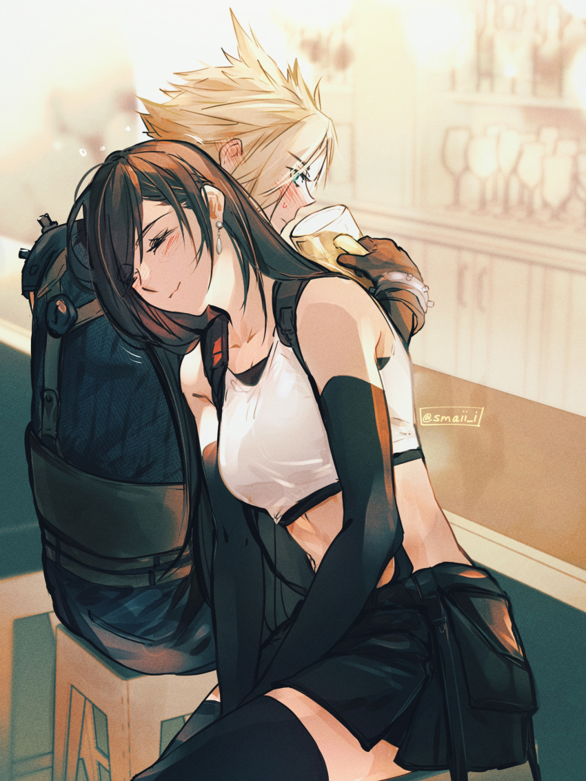 1boy 1girl absurdres armor bar_(place) bar_stool bare_shoulders black_gloves black_hair black_skirt black_sports_bra black_thighhighs blonde_hair blue_eyes blush breasts closed_mouth cloud_strife collarbone counter couple crop_top cup drinking drunk ear_blush earrings elbow_gloves final_fantasy final_fantasy_vii final_fantasy_vii_remake gloves head_on_another's_shoulder highres holding holding_cup indoors jewelry long_hair maiii_(smaii_i) medium_breasts midriff profile ribbed_sweater shoulder_armor single_earring sitting skirt smile spiked_hair sports_bra stool suspender_skirt suspenders sweatdrop sweater swept_bangs tank_top teardrop_earring thighhighs tifa_lockhart turtleneck turtleneck_sweater twitter_username white_tank_top zettai_ryouiki