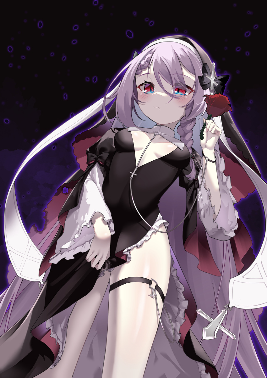 1girl absurdres azur_lane black_dress blush bow braid breasts breasts_apart cleavage_cutout clothing_cutout cross dress flower frilled_sleeves frills from_below habit hair_between_eyes hair_bow hair_ornament hair_over_one_eye hand_up highres holding holding_flower jewelry long_hair ma_ri_dai_ku medium_breasts necklace nun pale_skin purple_hair purple_outline red_eyes red_flower red_rose rose solo thigh_strap veil very_long_hair vestal_(azur_lane) vestal_(meta)_(azur_lane) wide_sleeves