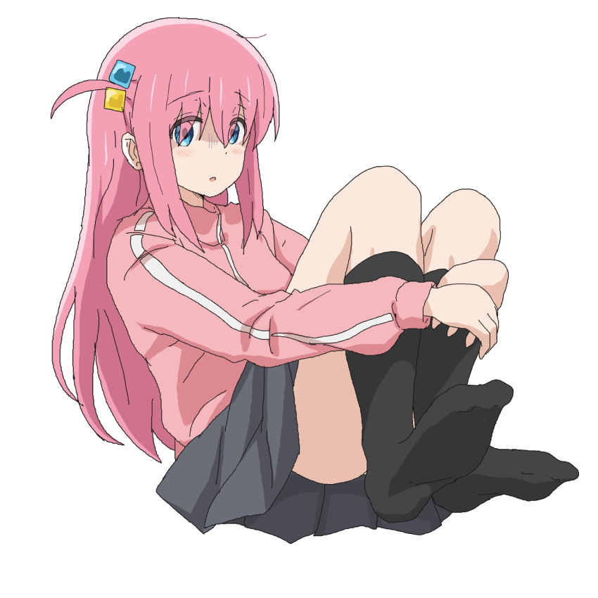 1girl black_socks blue_eyes blush bocchi_the_rock! breasts convenient_leg full_body gotoh_hitori grey_skirt highres hirondo jacket kneehighs knees_up leaning_back long_hair long_sleeves looking_at_viewer no_shoes one_side_up open_mouth pink_hair pink_jacket pleated_skirt school_uniform sidelocks simple_background sitting skirt socks soles solo thighs toes track_jacket white_background