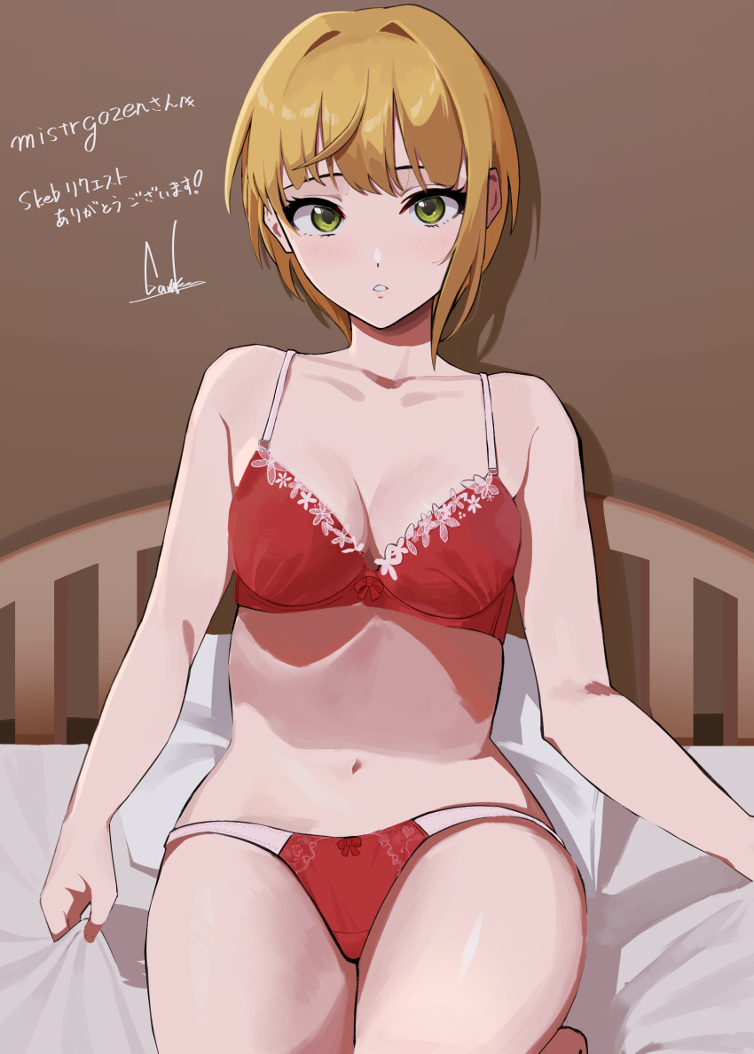 1girl absurdres blonde_hair bra breasts cleavage collarbone commentary_request garuku1120 green_eyes highres idolmaster idolmaster_cinderella_girls indoors looking_at_viewer medium_breasts miyamoto_frederica navel on_bed panties red_bra red_panties short_hair sitting solo stomach translation_request underwear underwear_only