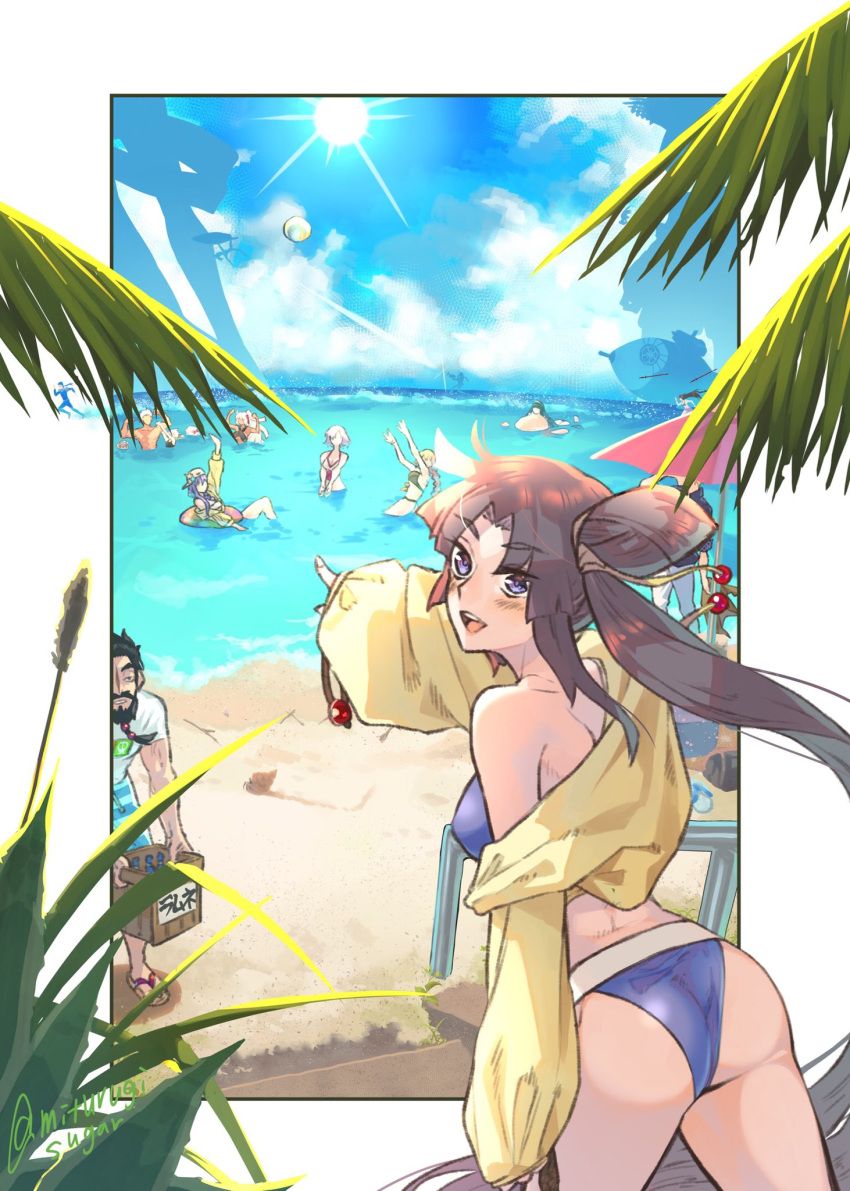 4boys 6+girls archer_(fate) artoria_pendragon_(fate) artoria_pendragon_(swimsuit_archer)_(fate) ass back ball bare_shoulders bb_(fate) bb_(swimsuit_mooncancer)_(fate) bb_(swimsuit_mooncancer)_(first_ascension)_(fate) beach beachball beard bikini black_hair blue_bikini blue_eyes blue_sky breasts cleopatra_(fate) cleopatra_(seaside_luxury)_(fate) crate cu_chulainn_(fate) cu_chulainn_(fate/stay_night) edward_teach_(fate) facial_hair fate/grand_order fate_(series) gilgamesh_(caster)_(fate) gilgamesh_(establishment)_(fate) gilgamesh_(fate) hair_bun highres jack_the_ripper_(fate/apocrypha) jacket jeanne_d'arc_(fate) jeanne_d'arc_(swimsuit_archer)_(fate) jeanne_d'arc_(swimsuit_archer)_(first_ascension)_(fate) jeanne_d'arc_alter_santa_lily_(fate) long_hair long_sleeves looking_at_viewer looking_back mash_kyrielight mash_kyrielight_(swimsuit_of_perpetual_summer) medium_breasts mitsurugi_sugar mordred_(fate) mordred_(swimsuit_rider)_(fate) multiple_boys multiple_girls nursery_rhyme_(fate) ocean off_shoulder okita_souji_(fate) okita_souji_alter_(fate) open_mouth palm_leaf parted_bangs pointing scathach_(fate) scathach_(swimsuit_assassin)_(fate) shore side_ponytail sidelocks single_side_bun sky smile sun swimsuit thighs ushiwakamaru_(fate) ushiwakamaru_(swimsuit_assassin)_(fate) ushiwakamaru_(swimsuit_assassin)_(first_ascension)_(fate) very_long_hair yellow_jacket