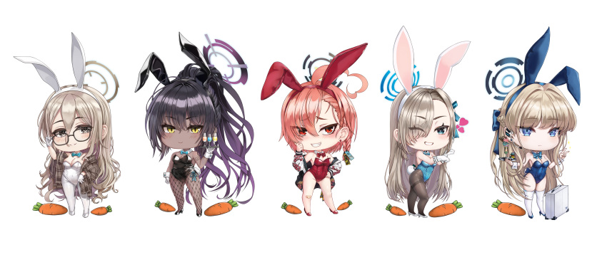 5girls 9s_tana absurdres ahoge akane_(blue_archive) akane_(bunny)_(blue_archive) animal_ears aqua_bow aqua_bowtie asuna_(blue_archive) asuna_(bunny)_(blue_archive) asymmetrical_bangs black-framed_eyewear black_footwear black_hair black_hairband black_leotard blonde_hair blue_archive blue_bow blue_eyes blue_footwear blue_hairband blue_leotard bow bowtie braid breasts brown_shawl carrot chibi cleaning_&amp;_clearing_(blue_archive) cup dark-skinned_female dark_skin detached_collar drinking_glass earpiece fake_animal_ears fake_tail fishnet_pantyhose fishnets french_braid full_body glasses gloves gradient_hair hair_bow hair_over_one_eye hairband half_updo halo high_heels highleg highleg_leotard highres holding holding_tray huge_ahoge jacket karin_(blue_archive) karin_(bunny)_(blue_archive) leotard light_brown_hair multicolored_hair multiple_girls neru_(blue_archive) neru_(bunny)_(blue_archive) number_tattoo official_alternate_costume one_eye_closed pantyhose plaid_shawl playboy_bunny poker_chip ponytail print_jacket purple_hair rabbit_ears rabbit_tail red_bow red_bowtie red_eyes red_footwear red_hairband red_leotard shawl shoulder_tattoo side-tie_leotard single_braid small_breasts smile standing strapless strapless_leotard sukajan tail tattoo thighband_pantyhose thighhighs toki_(blue_archive) toki_(bunny)_(blue_archive) traditional_bowtie tray white_footwear white_gloves white_hairband white_leotard white_pantyhose white_thighhighs white_wrist_cuffs yellow_eyes