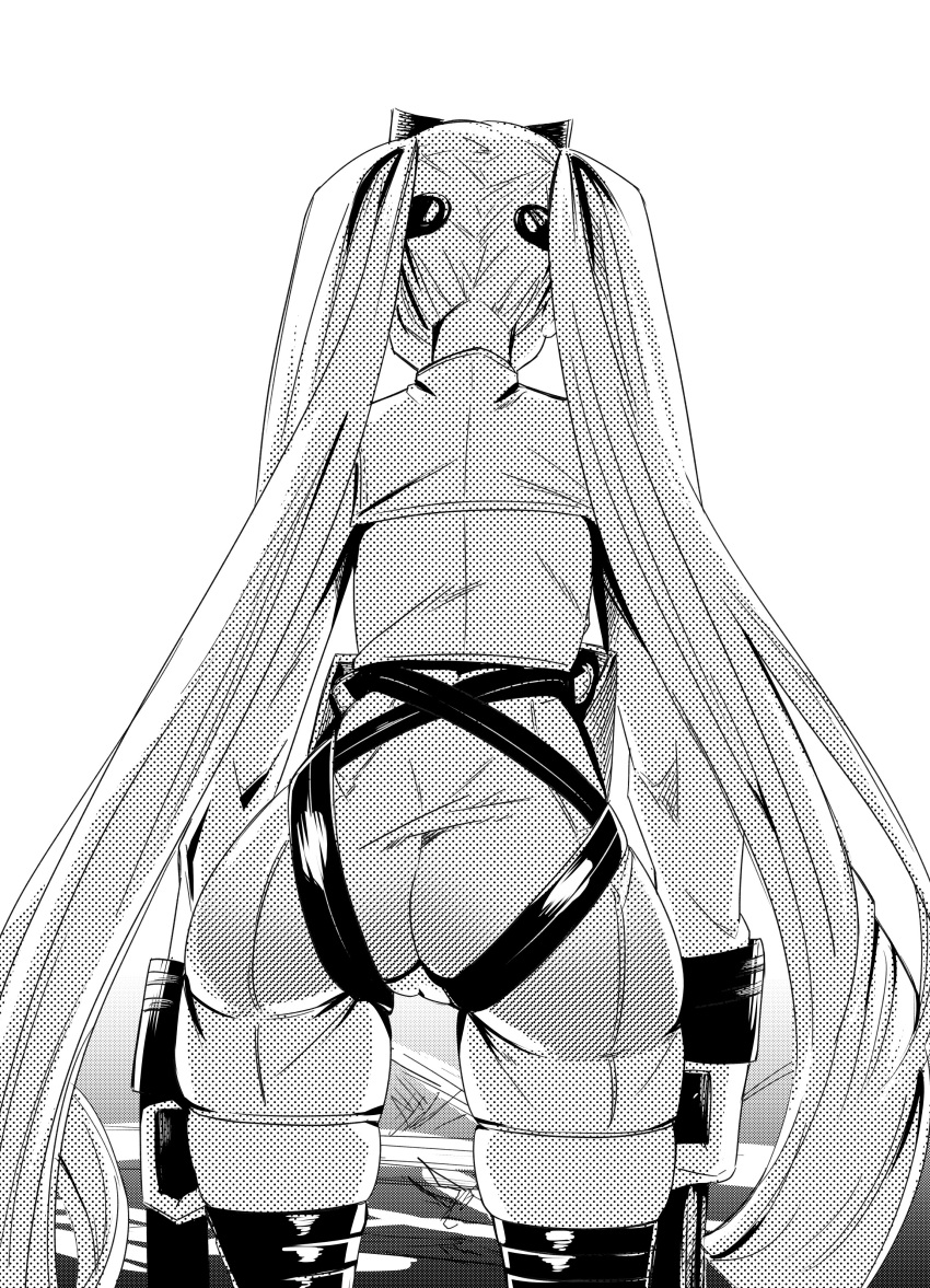 1girl absurdres ass cowboy_shot from_behind goddess_of_victory:_nikke greyscale highres holster long_hair monochrome nstch_root_a privaty_(nikke) sketch skin_tight skindentation solo standing thigh_gap thigh_holster twintails very_long_hair weapon