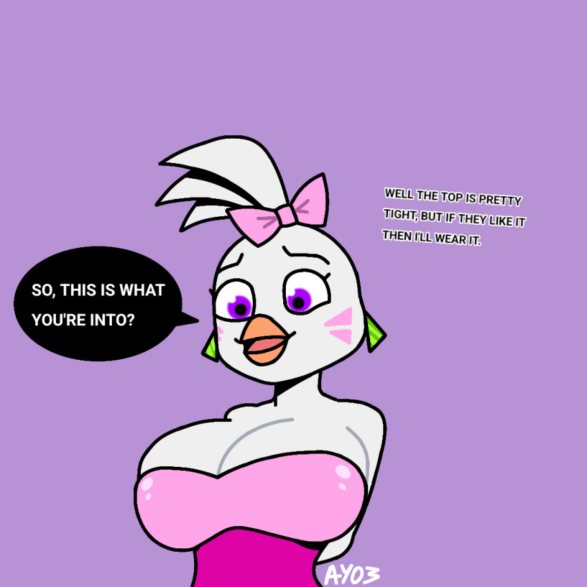 accessory animatronic avian ay03 beak big_breasts bird bow_ribbon breasts cleaning cleavage clothed clothing dialogue ear_piercing ear_ring eyelashes eyeshadow facial_markings female five_nights_at_freddy's five_nights_at_freddy's:_security_breach galliform gallus_(genus) glamrock_chica_(fnaf) hair hair_accessory hair_bow hair_ribbon head_markings huge_breasts leotard machine makeup markings non-mammal_breasts phasianid piercing pink_clothing pink_leotard purple_eyes ribbons ring_piercing robot scottgames simple_eyes speech_bubble steel_wool_studios text