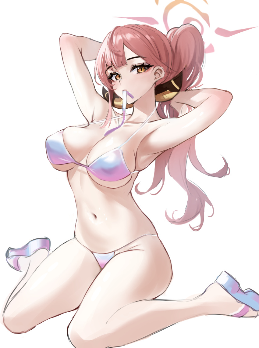 1girl absurdres armpits aru_(blue_archive) bikini blue_archive blush breasts collared_shirt halo highres horns large_breasts long_hair looking_at_viewer mouth_hold pink_hair ponytail ribbon ribbon_in_mouth shirt sitting solo stone_(ksorede) string_bikini swimsuit tying_hair wariza yellow_eyes