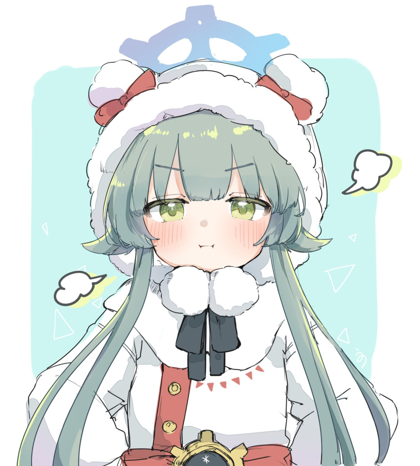 1girl :i =3 blue_archive blush closed_mouth coat green_eyes green_hair halo highres hood hood_up hooded_coat long_hair long_sleeves looking_at_viewer momiji_(blue_archive) pom_pom_(clothes) pout simple_background solo unot_227 upper_body white_coat