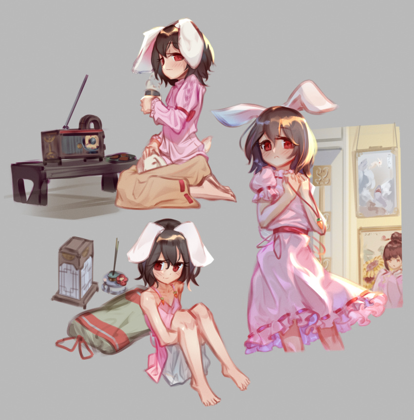 1girl alternate_costume animal_ears bloomers blush brown_hair camisole carrot_necklace carrot_pin closed_mouth commentary cup dress english_commentary flat_chest floppy_ears frilled_sleeves frills frown full_body hair_between_eyes hanging_scroll highres holding holding_cup inaba_tewi incense jewelry lantern long_sleeves looking_at_viewer medium_bangs multiple_views necklace paper_lantern pillow pink_camisole pink_dress plate rabbit rabbit_ears rabbit_girl rabbit_tail radio red_eyes red_sash ribbon-trimmed_dress ribbon-trimmed_sleeves ribbon_trim sash scroll seiza short_hair short_sleeves simple_background sitting smile steam table tail tlobtr touhou underwear white_bloomers