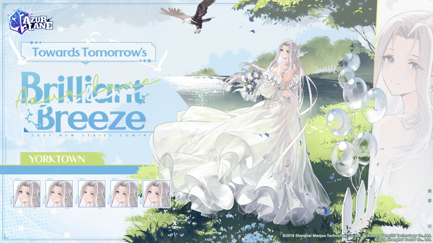 1girl azur_lane back backless_dress backless_outfit balloon bare_shoulders bird blue_eyes blue_flower blue_sky bouquet breasts bride butt_crack character_name closed_mouth copyright copyright_name detached_sleeves dress eagle english_commentary english_text expressions flower frilled_dress frills from_behind full_body grass grey_hair hair_ornament highres holding holding_bouquet kurumi_(recycllamo) large_breasts logo long_dress long_hair looking_at_viewer looking_back official_alternate_costume official_art outdoors parted_bangs petals river see-through see-through_dress sideboob sidelocks sky smile solo standing strapless strapless_dress thighs tree very_long_hair water wedding_dress white_dress white_flower yorktown_(azur_lane) yorktown_(brilliant_breeze)_(azur_lane)