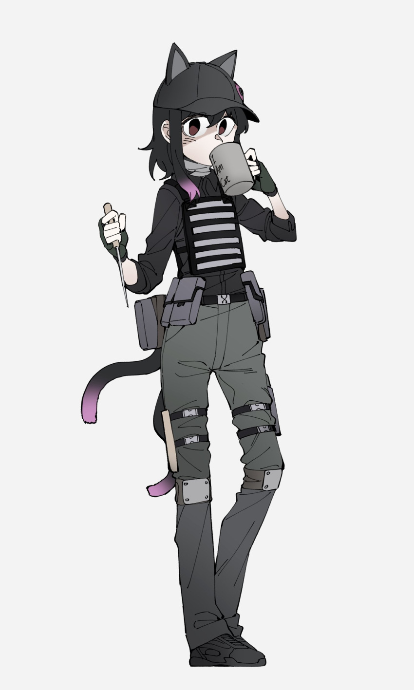 1girl absurdres animal_ears baseball_cap belt black_belt black_footwear black_hair black_headwear black_shirt brown_eyes bulletproof_vest cat_ears commission cup fingerless_gloves full_body gloves green_gloves grey_pants hat hat_with_ears highres holding holding_cup knee_pads mug neck_warmer nekomata neonfloyd original pants pouch shirt shoes simple_background solo white_background
