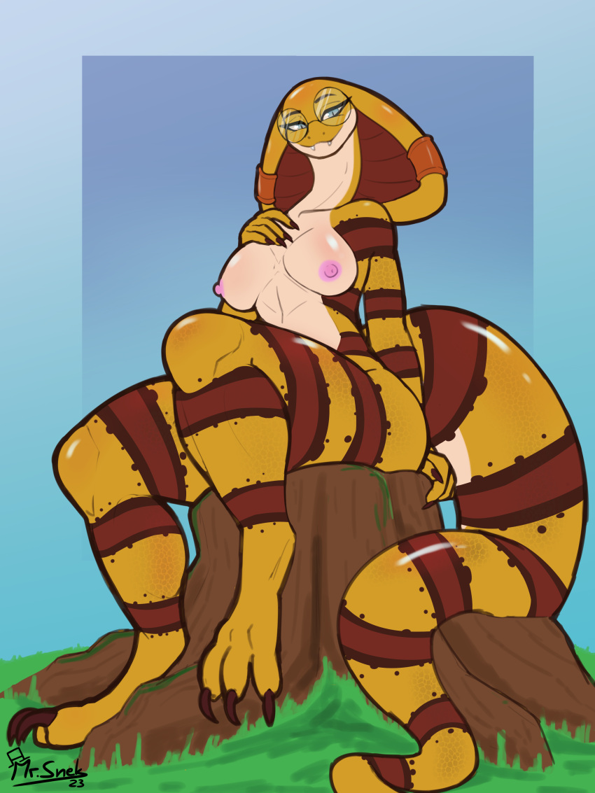 3:4 absurd_res anthro breasts cobra eyewear eyewear_only female fora glasses glasses_only grass hi_res long_neck looking_at_viewer looking_down mrsnek nipples nude outside piericing plant reptile scalie sitting smile snake solo thick_thighs
