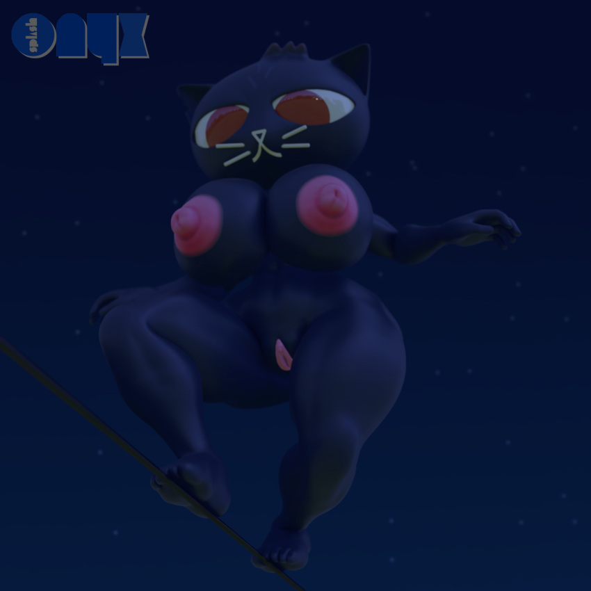 3d_(artwork) anthro big_breasts blender_(software) breasts digital_media_(artwork) domestic_cat felid feline felis female genitals hi_res huge_breasts mae_borowski mammal night night_in_the_woods onyxsplash powerlines pussy rope sky solo thick_thighs tightrope