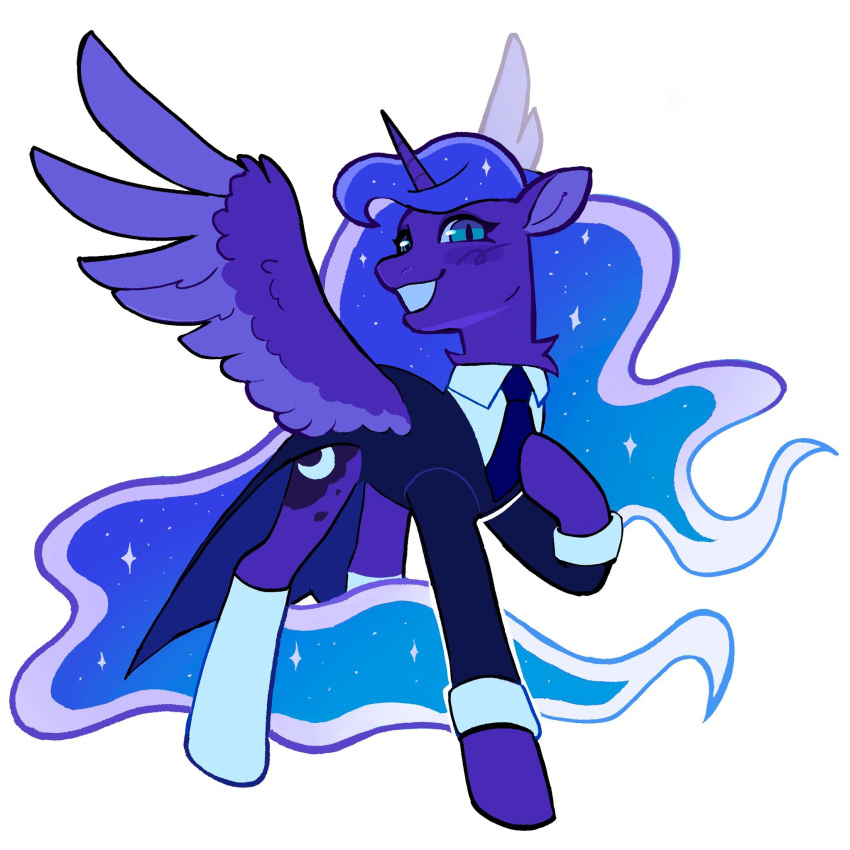 black_tie_(suit) blue_body blue_eyes blue_feathers blue_fur blue_hair blue_tail clothing cutie_mark draw3 equid equine feathered_wings feathers female feral footwear friendship_is_magic fur hair hasbro hi_res horn long_tail mammal my_little_pony necktie princess_luna_(mlp) simple_background smile socks solo spread_wings suit tail uniform white_background winged_unicorn wings