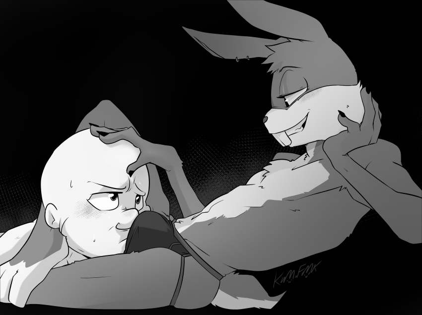 absurd_res anthro bald blush buckteeth bugs_bunny chest_tuft clothed clothing drawfee_(copyright) duo ear_piercing elmer_fudd erection erection_under_clothing eye_contact face_in_crotch facial_markings fur grey_body grey_fur greyscale hand_on_head head_markings head_tuft hi_res hindpaw human humanoid_hands jockstrap jockstrap_only karina_farek lagomorph leporid lidded_eyes long_ears looking_at_another looney_tunes male male/male mammal markings monochrome muzzle_(marking) nails navel paws piercing rabbit sharp_nails side_view signature smile snout snout_markings tail teeth toeless_(marking) topless tuft underwear underwear_only warner_brothers