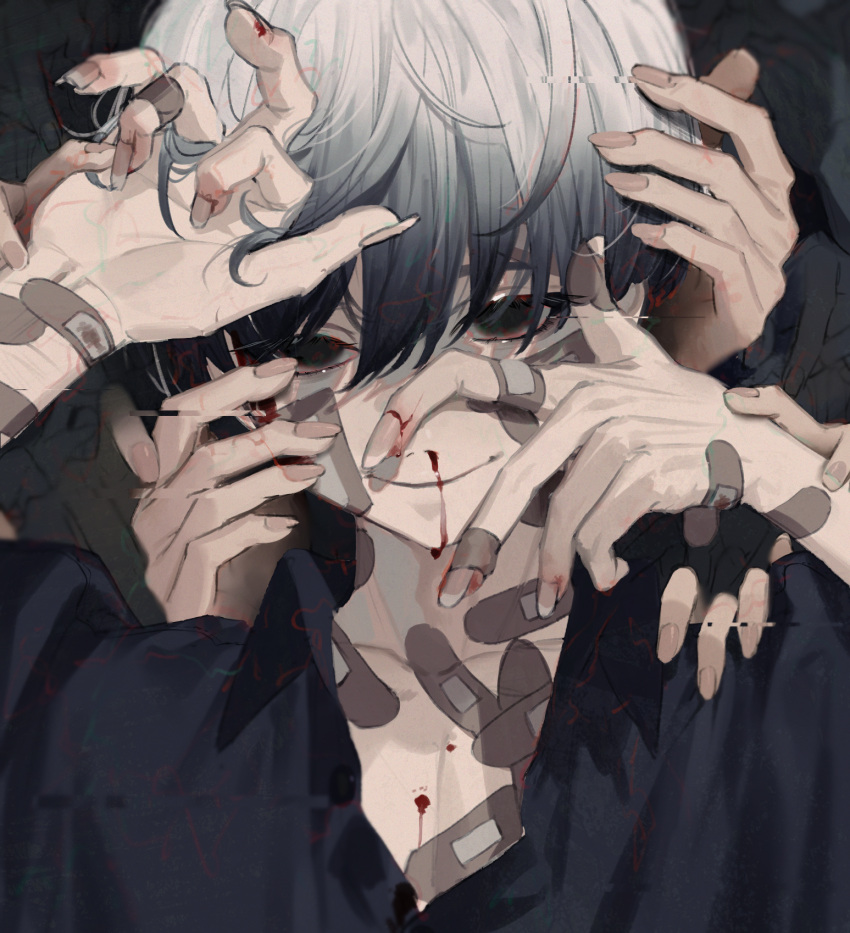 1boy bad_id bad_pixiv_id bandaid bandaid_on_arm bandaid_on_cheek bandaid_on_chest bandaid_on_face bandaid_on_hand bandaid_on_neck black_eyes black_hair black_shirt blood blood_in_hair blood_on_hands closed_mouth collared_shirt colored_tips disembodied_limb fingernails gradient_hair grey_hair hair_between_eyes hand_on_another's_arm hand_on_another's_cheek hand_on_another's_face hand_on_another's_hand hand_on_another's_head hand_on_own_cheek hand_on_own_face hands_up highres long_fingernails looking_at_viewer male_focus mizumi_zumi multicolored_hair no_pupils nosebleed original portrait shirt short_hair smile solo_focus