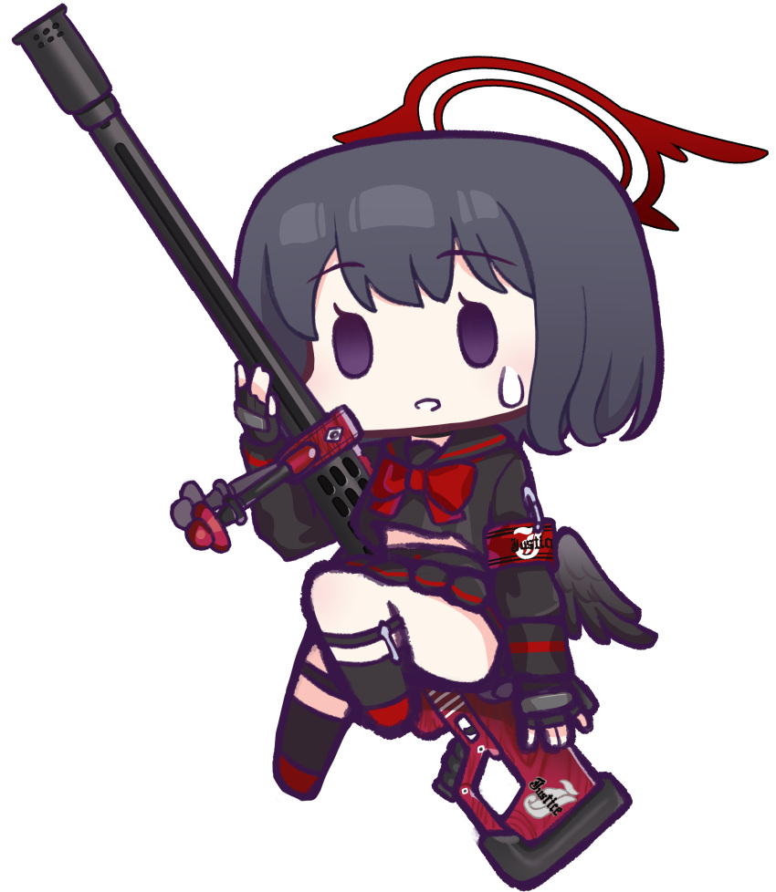 1girl absurdres anti-materiel_rifle anzio_ironworks_20mm_rifle black_gloves black_hair black_sailor_collar black_serafuku black_shirt black_skirt black_socks black_wings blue_archive bow chibi feathered_wings fingerless_gloves full_body gloves gun halo hand_up highres holding holding_gun holding_weapon looking_at_viewer low_wings mashiro_(blue_archive) mini_wings panatisia parted_lips pleated_skirt purple_eyes red_bow red_footwear rifle sailor_collar school_uniform serafuku shirt shoes simple_background skirt sniper_rifle socks solo sweat weapon white_background wings
