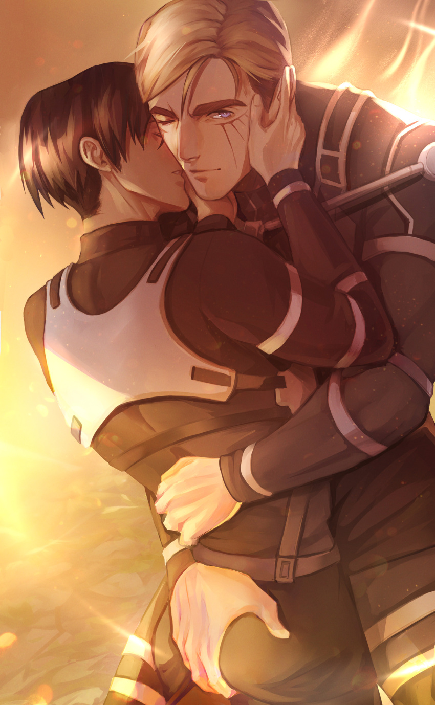 2boys absurdres ass_grab black_hair black_pants black_shirt blonde_hair blue_eyes bright_pupils english_commentary erwin_smith grabbing_another's_ass gravesecrets groping hand_on_another's_face highres hug lens_flare levi_(shingeki_no_kyojin) light_particles long_sleeves male_focus mature_male multiple_boys one_eye_closed orange_background pants parted_lips scar scar_on_face shingeki_no_kyojin shirt sidelighting toned toned_male vest white_pupils white_vest yaoi