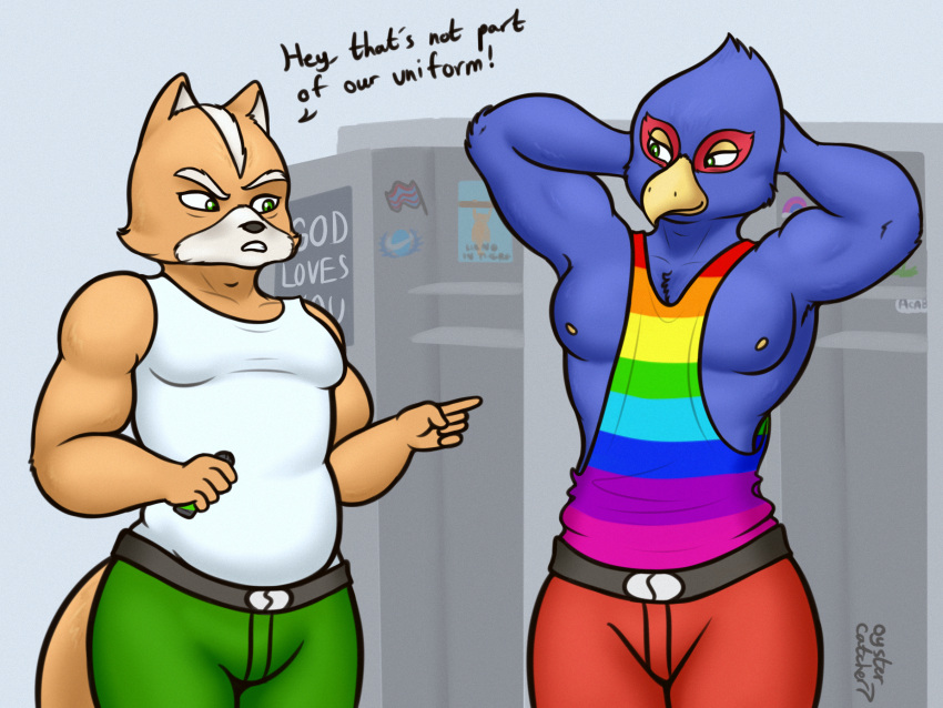 anthro avian bird blue_body blue_feathers canid canine clothed clothing duo falco_lombardi falcon falconid feathers fox fox_mccloud fur hi_res lgbt_pride locker locker_room male mammal muscular muscular_male nintendo oystercatcher7 pecs pride_colors shirt skimpy star_fox tank_top topwear yellow_body yellow_fur