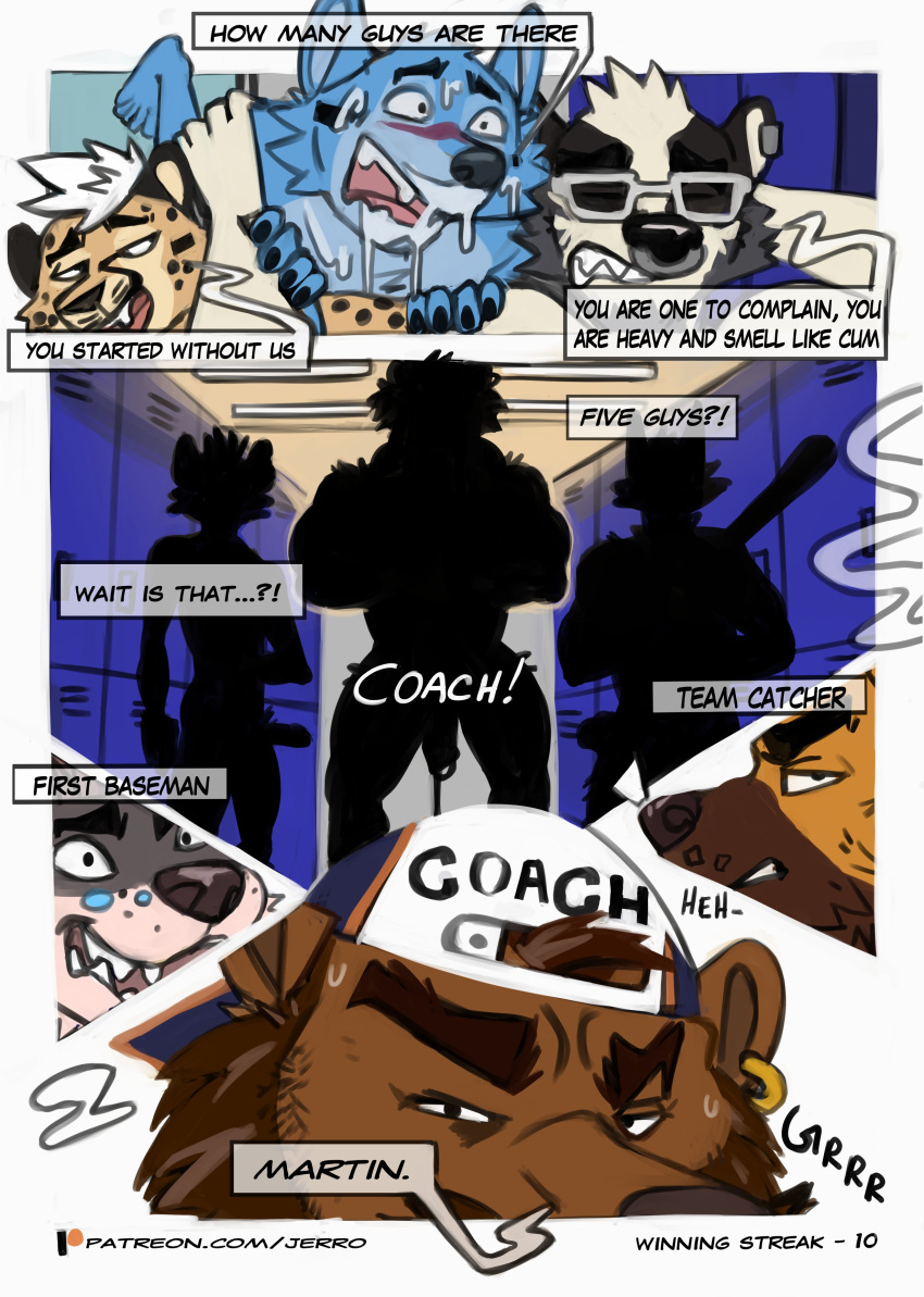 absurd_res anthro athletic athletic_male badger baseball_bat baseball_cap bat_(object) bear beard blue_body blue_fur blush bodily_fluids brown_body brown_fur brown_hair bulge canid canine canis carrying carrying_another cheetah clothing coach comic confusion cum cum_on_face dialogue domestic_dog dripping ear_piercing eyewear facial_hair facial_piercing felid feline fur genital_fluids genital_outline genital_piercing genitals german_shepherd glasses group hair hat headgear headwear henry_harris_baxter herding_dog hi_res hyena imminent_sex jerro locker_room male male/male mammal mike_(freehugz) mohawk multicolored_body multicolored_fur muscular muscular_male mustelid musteline narrowed_eyes nose_piercing nose_ring page_number pastoral_dog patreon patreon_link patreon_logo penis penis_outline penis_piercing piercing precum precum_drip ring_piercing silhouette skinny skinny_male text url wolf