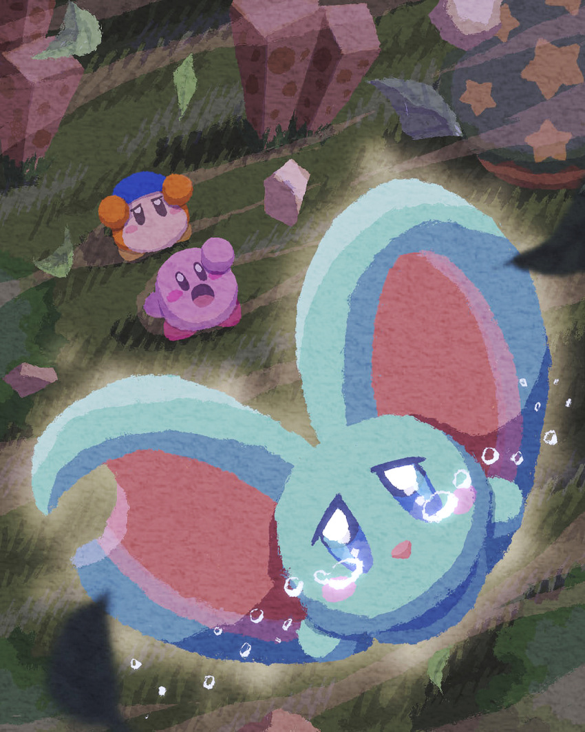 animal_ears bandana bandana_waddle_dee blue_eyes blush_stickers colored_skin crying elfilin highres kirby kirby_(series) kirby_and_the_forgotten_land leaf looking_at_another looking_up miclot mouse_ears no_humans notched_ear open_mouth pink_skin solid_oval_eyes star_(symbol) tears