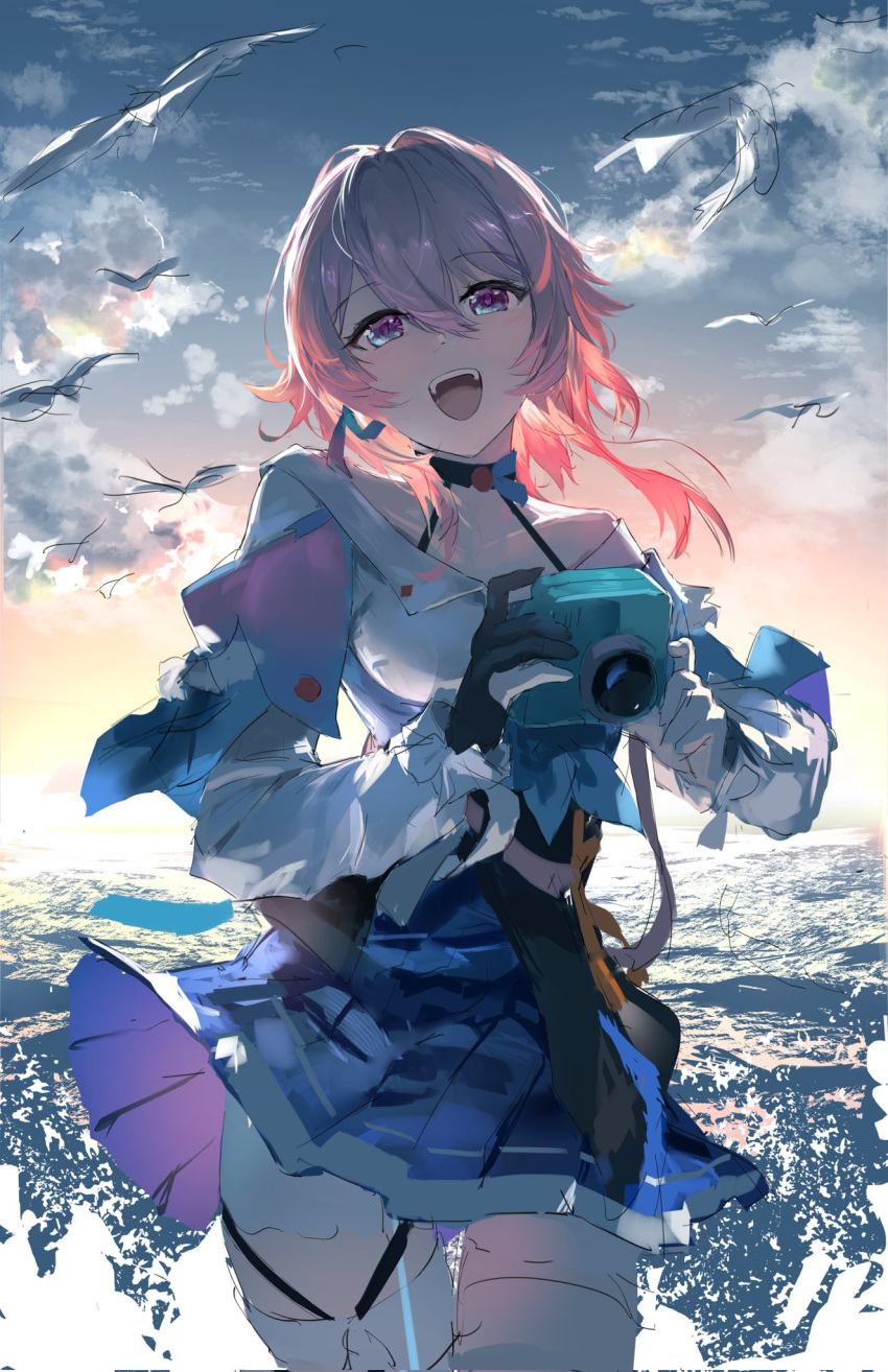 1girl backlighting black_gloves blue_skirt camera cloud cowboy_shot gloves highres holding holding_camera honkai:_star_rail honkai_(series) long_sleeves looking_at_viewer march_7th_(honkai:_star_rail) meltyrice outdoors partially_fingerless_gloves pink_eyes pink_hair pleated_skirt skirt solo sunrise thighhighs unfinished water