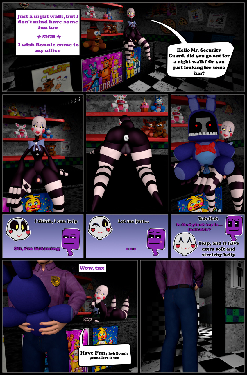 3d_(artwork) absurd_res animatronic anthro anus balls bow_tie butt comic digital_media_(artwork) english_text five_nights_at_freddy's five_nights_at_freddy's_2 genitals hi_res looking_at_viewer machine male marionette_(fnaf) nsg_editor nude penis plushie robot scottgames source_filmmaker text withered_bonnie_(fnaf)