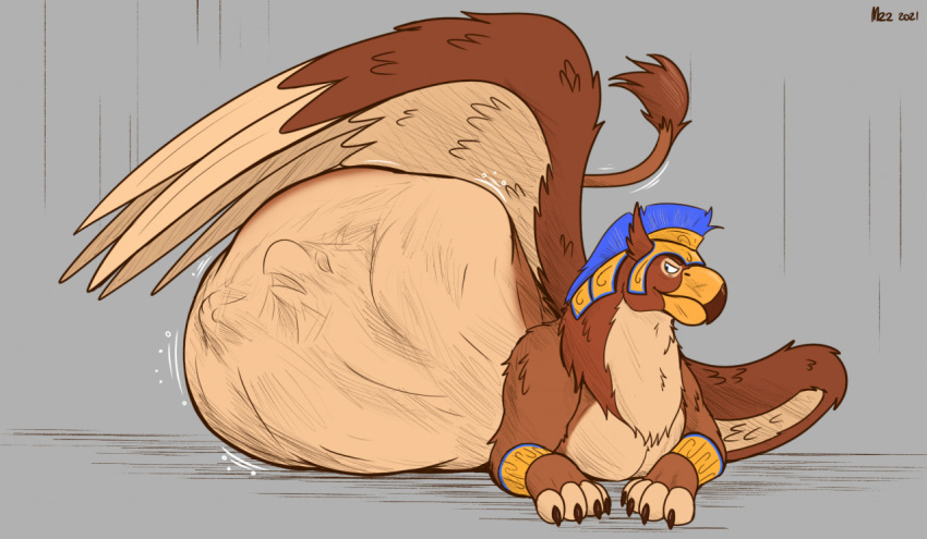 abdominal_bulge after_vore armor avian beak belly big_belly brown_body brown_fur duo feral feral_pred feral_prey fur gryphon gryphon_pred gryphon_prey headgear helmet looking_at_belly lying male male_pred mythological_avian mythology spike_(thatgryphonguy) thatgryphonguy unwilling_prey vore wings