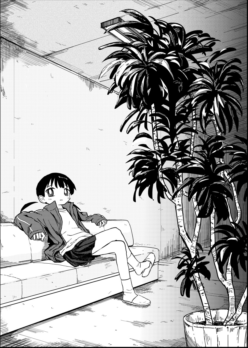 1girl absurdres bright_pupils ceiling_light couch crossed_legs detached_hair expressionless fluorescent_lamp greyscale hallway highres indoors jacket light_blush looking_at_viewer low_twintails monochrome on_couch open_clothes open_jacket original parted_lips plant pleated_skirt potted_plant reclining shii595 shirt skirt sleeves_past_wrists slippers socks solo track_jacket twintails wide_shot