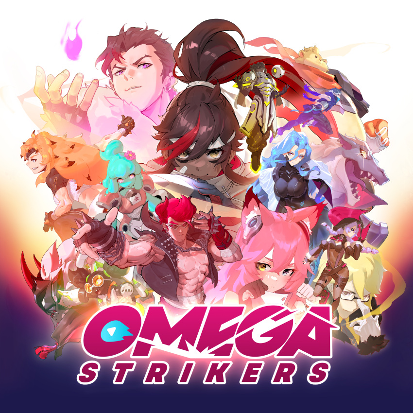 6+boys 6+girls absurdres adjusting_eyewear ai.mi_(omega_strikers) armor artist_request asher_(omega_strikers) atlas_(omega_strikers) black_hair blonde_hair blue_background blue_eyes blue_hair brown_hair child copyright_name creature drek'kar_(omega_strikers) dubu_(omega_strikers) era_(omega_strikers) estelle_(omega_strikers) fingerless_gloves fire floating fur_trim gloves gradient_background heterochromia highres jacket juliette_(omega_strikers) juno_(omega_strikers) kai_(omega_strikers) light_blue_hair long_hair luna_(omega_strikers) mask missing_tooth monster_girl multicolored_hair multiple_boys multiple_girls muscular muscular_female muscular_male official_art omega_strikers orange_hair orb paw_pose pink_hair pointing purple_hair rasmus_(omega_strikers) red_hair rune_(omega_strikers) running scarf short_hair simple_background slime_girl smile studded studded_jacket sunglasses topless_male two-tone_hair white_background white_hair x_(omega_strikers) yellow_eyes zentaro_(omega_strikers)