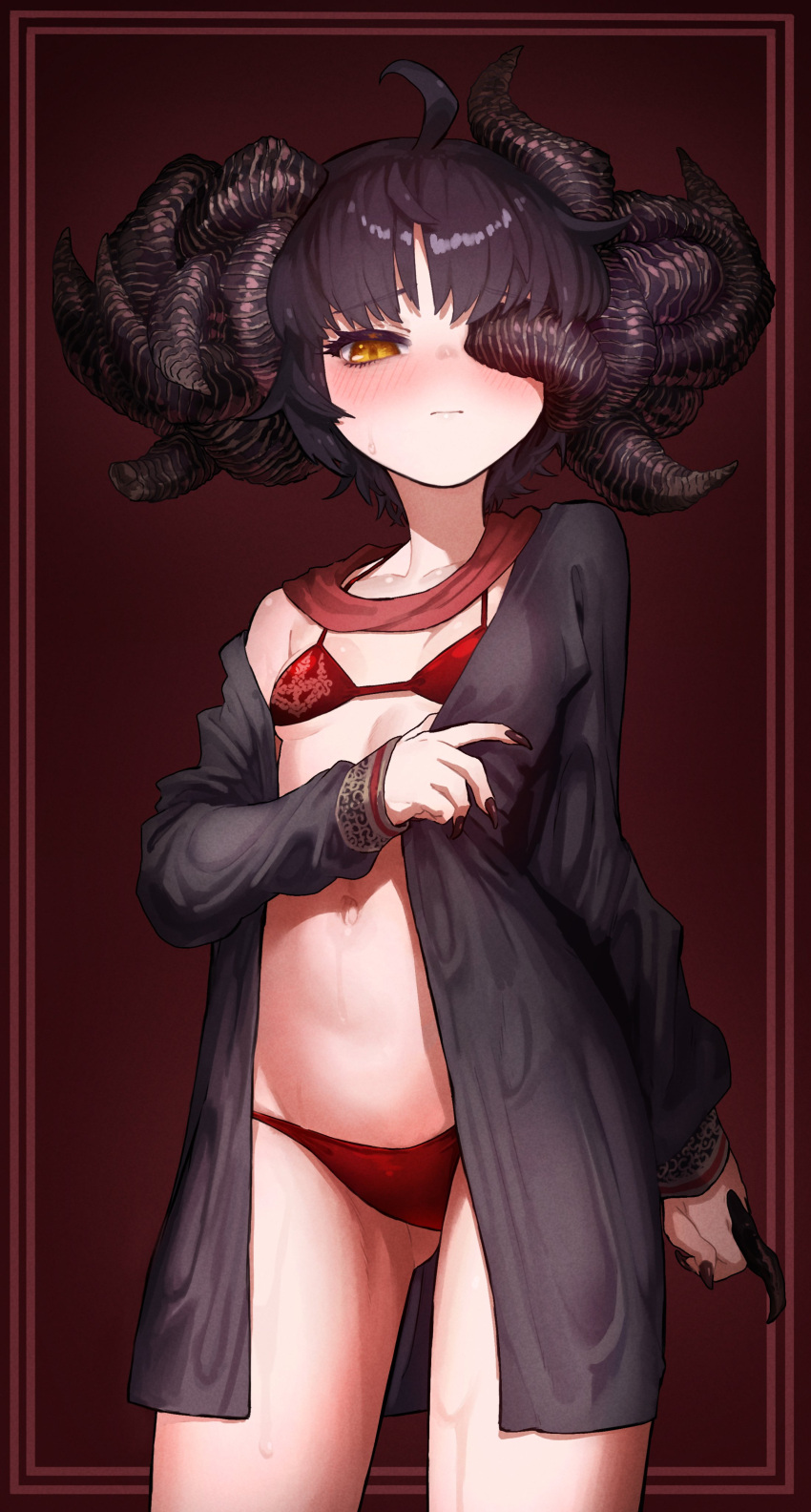 1girl absurdres ahoge bikini black_hair blush breasts ekrea_jan elden_ring genderswap genderswap_(mtf) highres horns mohg_lord_of_blood multiple_horns navel red_bikini simple_background small_breasts solo stomach sweat swimsuit yellow_eyes