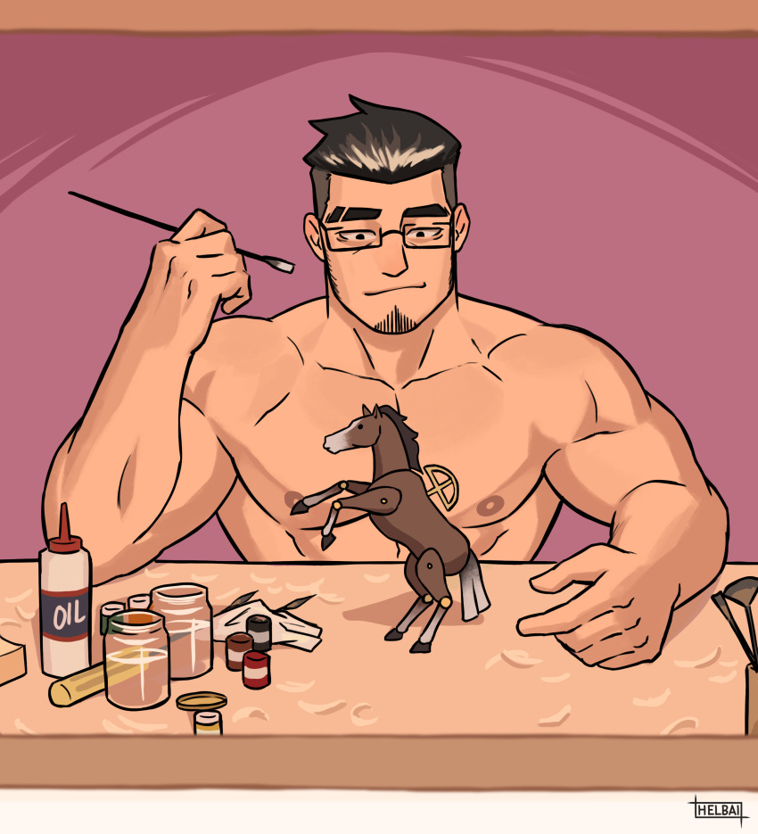 1boy absurdres artist_name bara black_hair closed_mouth eyebrow_cut facial_hair glasses highres holding holding_paintbrush large_pectorals male_focus muscular muscular_male nipples original paintbrush pectorals short_hair smile solo table whyhelbram wooden_horse