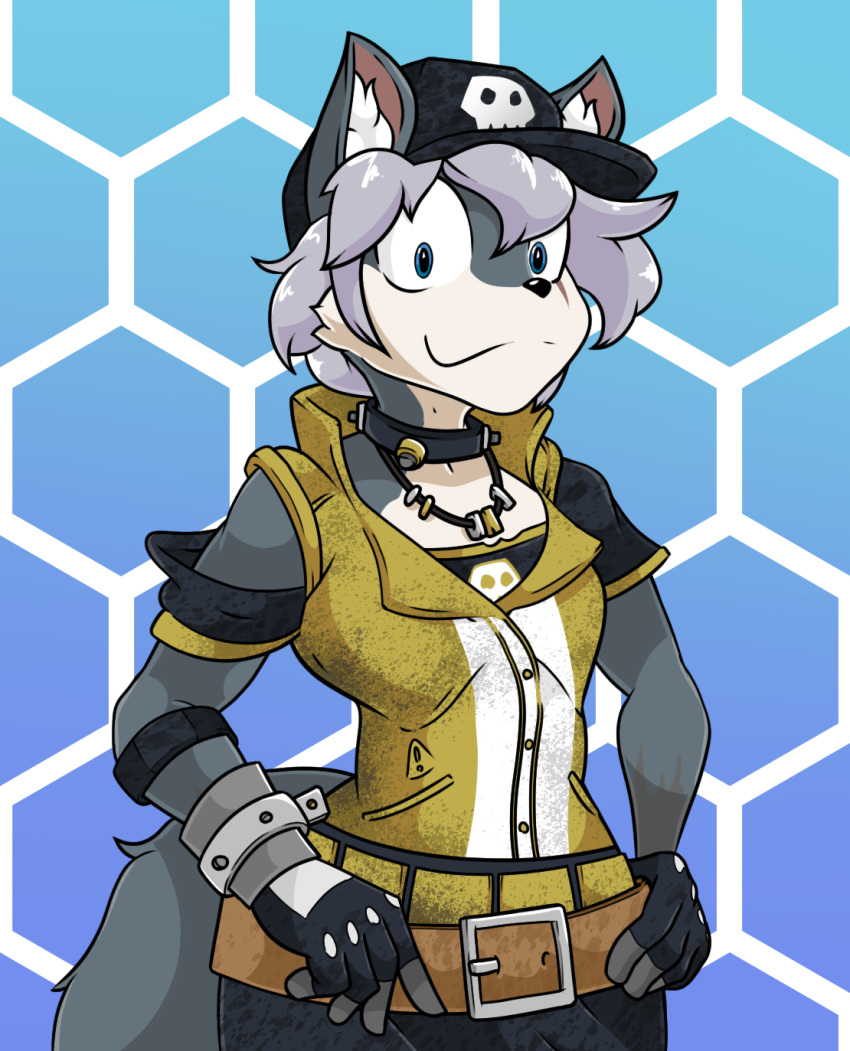 anthro azra_(vex714) belt black_nose blue_eyes bone borderlands canid canine canis clothed clothing cosplay crossgender exclamation_point fingerless_gloves fluffy fluffy_tail gaige_(borderlands) gloves grey_hair hair hands_on_hips handwear hat headgear headwear hi_res jewelry male mammal necklace portrait skull solo tail three-quarter_portrait tinydevilhorns wolf