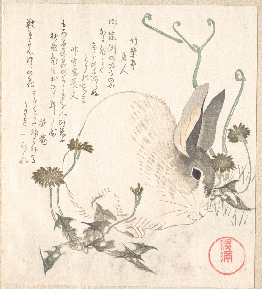 1820 19th_century ancient_art black_eyes dandelion feral flower fur grey_body grey_fur hi_res japanese_text kubo_shunman lagomorph leporid mammal multicolored_body multicolored_fur paws plant rabbit solo text traditional_media_(artwork) two_tone_body two_tone_fur whiskers white_body white_fur