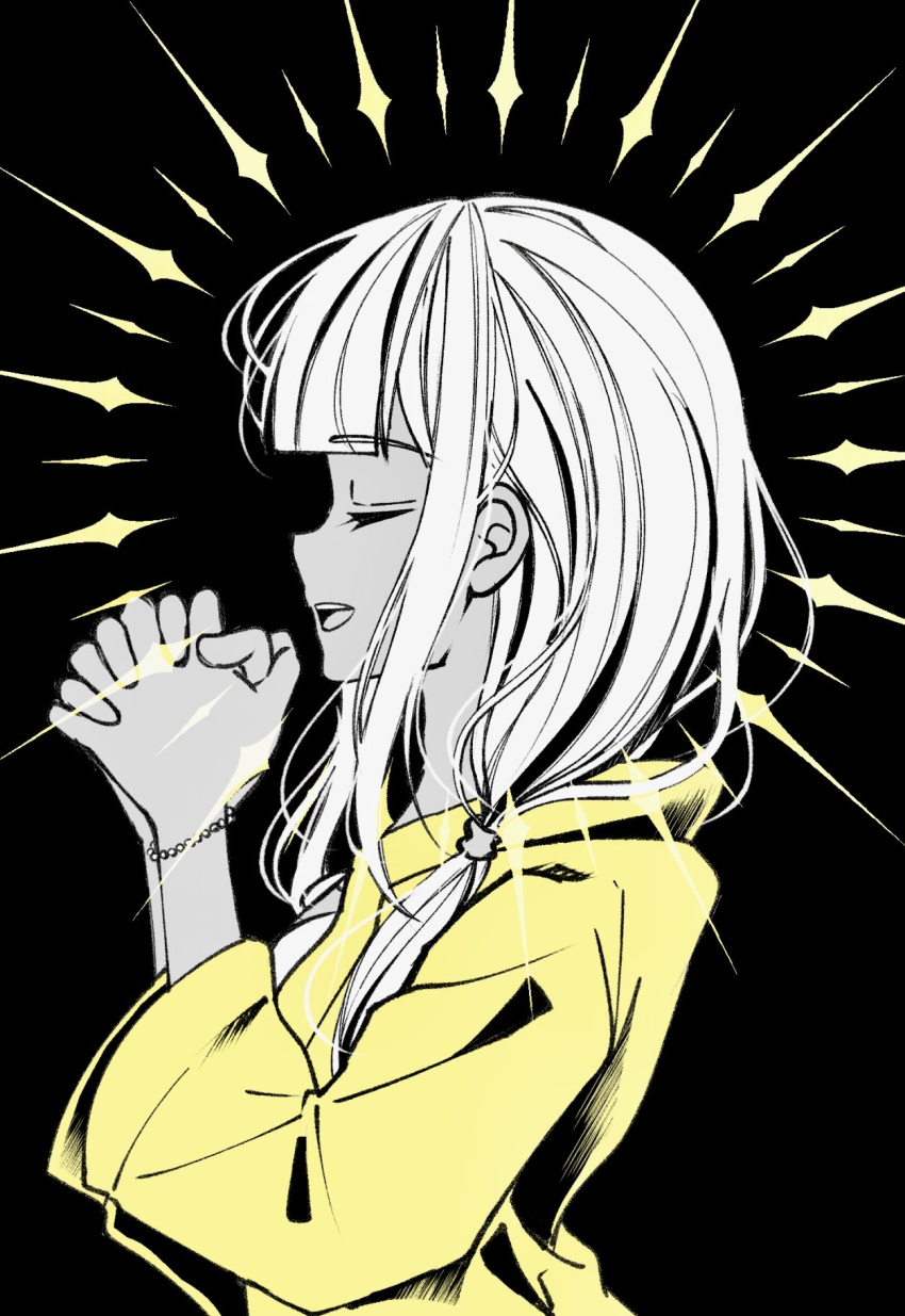 1girl :d black_background blunt_bangs bracelet closed_eyes danganronpa_(series) danganronpa_v3:_killing_harmony from_side highres hood hood_down hooded_jacket jacket jewelry long_hair own_hands_clasped own_hands_together praying profile satori_(aosky9077) simple_background smile solo teeth upper_teeth_only white_hair yellow_jacket yonaga_angie