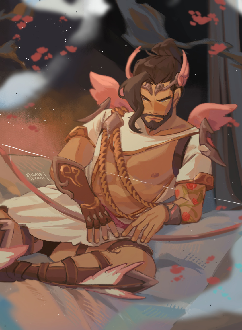 1boy abs absurdres akairosu arrow_(projectile) asian bara bare_pectorals beard blush boots bow_(weapon) brown_hair cupid cupid_hanzo dark-skinned_male dark_skin facial_hair feet_out_of_frame flower_tattoo frown greek_clothes hanzo_(overwatch) highres holding holding_bow_(weapon) holding_weapon large_pectorals magical_boy male_focus manspreading mature_male muscular muscular_male nipples official_alternate_costume overwatch pectorals pink_wings rope short_hair sitting solo tattoo thick_eyebrows tree valentine weapon wings