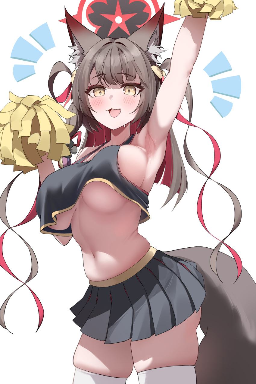 1girl :3 absurdres animal_ear_fluff animal_ears armpits arms_up bare_shoulders bell black_shirt black_skirt blue_archive blush breasts brown_hair cheerleader cleavage colored_inner_hair cowbell crop_top drill_hair fox_ears fox_girl fox_tail gold_trim halo highres holding holding_pom_poms large_breasts long_hair loose_clothes loose_shirt midriff miniskirt multicolored_hair navel no_bra open_mouth osdosdosd pleated_skirt pom_pom_(cheerleading) red_hair shirt sideboob simple_background skirt smile solo tail thighhighs two_side_up underboob undersized_clothes wakamo_(blue_archive) white_background white_thighhighs yellow_eyes zettai_ryouiki