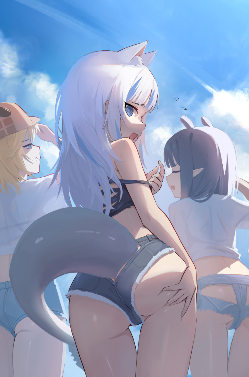 3girls @_@ absurdres animal_ears ass blonde_hair blue_eyes blue_hair blue_shorts blue_sky cat_ears closed_eyes cloud crop_top day deerstalker fins fish_tail flying_sweatdrops from_behind gawr_gura hand_on_own_ass hat highres hirotaka0125 hololive hololive_english long_hair looking_at_viewer looking_back multicolored_hair multiple_girls ninomae_ina'nis open_mouth outdoors pointy_ears purple_hair shading_eyes shark_girl shark_tail shirt short_hair short_shorts shorts sidelocks sky solo_focus strap_slip streaked_hair tail thigh_gap virtual_youtuber watson_amelia white_hair white_shirt