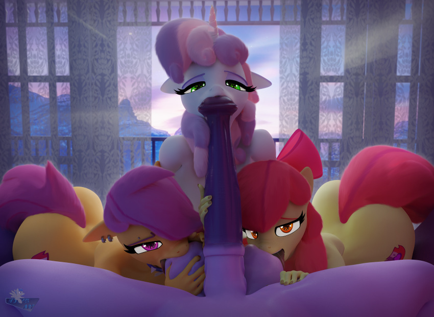 absurd_res anthro apple_bloom_(mlp) balls equid equine fellatio female friendship_is_magic genitals group hasbro hi_res hooves-art horn horse intersex intersex/female mammal my_little_pony oral penile pony scootaloo_(mlp) sex sweetie_belle_(mlp) twilight_sparkle_(mlp) unicorn