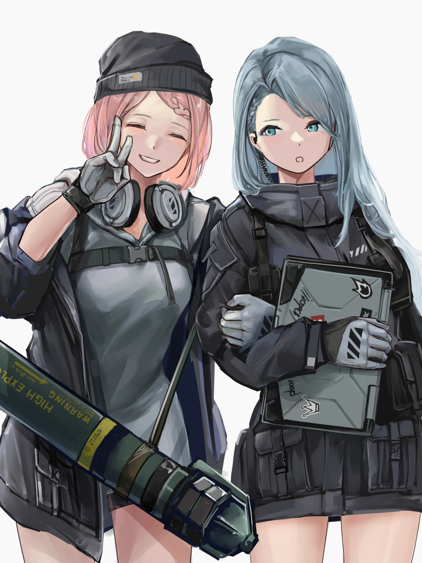 2girls absurdres beanie black_headwear black_jacket blue_eyes blue_hair closed_eyes commentary_request computer cowboy_shot girls'_frontline gloves grey_background grey_gloves grey_hoodie grin hat headphones headphones_around_neck highres holding_another's_arm holding_laptop hood hoodie jacket laptop lithographica long_hair mk_153_(girls'_frontline) multiple_girls pink_hair rocket_launcher simple_background sling smile v weapon