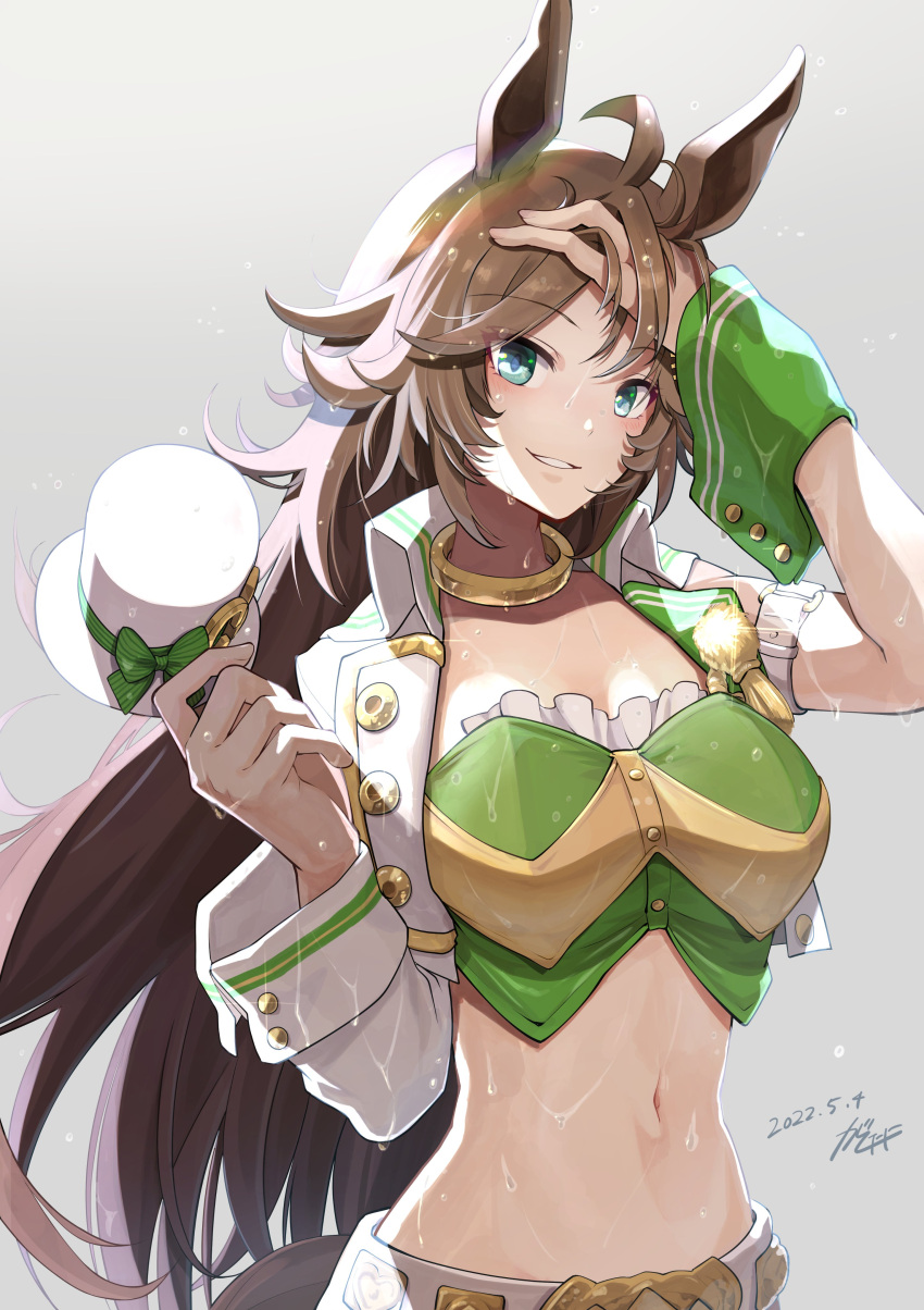 1girl absurdres ahoge animal_ears arm_up armband breasts brown_hair choker cleavage dated gashitani green_eyes green_shirt hand_in_own_hair hand_up hat highres holding holding_clothes holding_hat horse_ears horse_girl horse_tail jacket long_hair looking_at_viewer medium_breasts midriff mini_hat mini_top_hat mr._c.b._(umamusume) navel open_clothes open_jacket open_mouth pants shirt signature single_sleeve single_wrist_cuff smile solo strapless strapless_shirt tail top_hat umamusume upper_body wet wet_hair white_jacket white_pants wrist_cuffs
