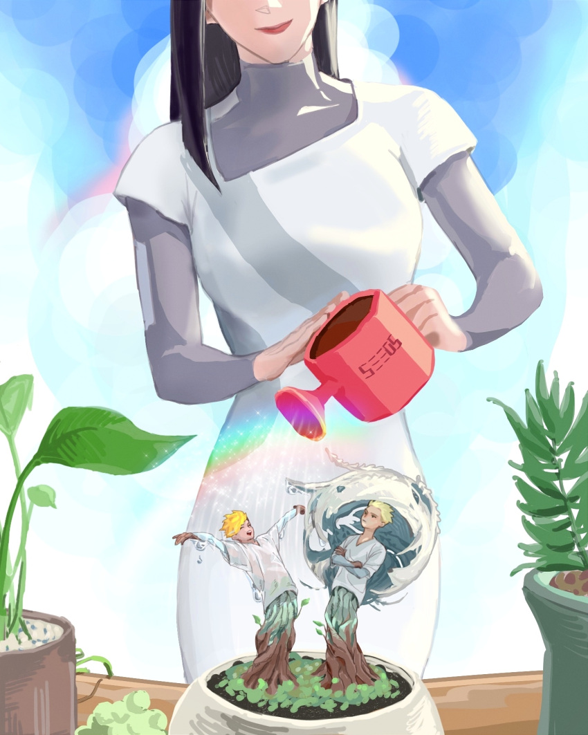 1girl 2boys black_hair blonde_hair brothers crossed_arms gardening head_out_of_frame highres holding holding_watering_can ilble long_sleeves millions_knives mini_person miniboy monster_boy monsterification multiple_boys outstretched_arms plant plant_boy potted_plant rainbow rem_saverem shirt short_hair siblings size_difference smile spiked_hair spread_arms standing symbolism trigun vash_the_stampede water watering watering_can white_shirt wing_umbrella