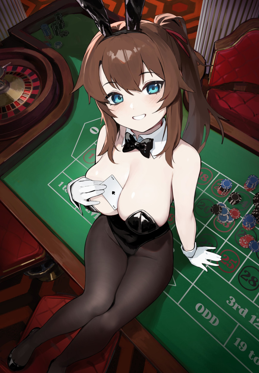 1girl absurdres animal_ears arm_support bangs between_breasts black_bow black_bowtie black_leotard black_pantyhose blue_eyes blush bow bowtie breasts brown_hair card card_between_breasts casino chair commentary detached_collar english_commentary fake_animal_ears from_above gloves grin highres indoors knees_together_feet_apart large_breasts leotard looking_at_viewer original pantyhose playboy_bunny playing_card ponytail rabbit_ears roulette_table shoes sidelocks sitting smile solo strapless strapless_leotard table traditional_bowtie vertigris white_gloves wrist_cuffs