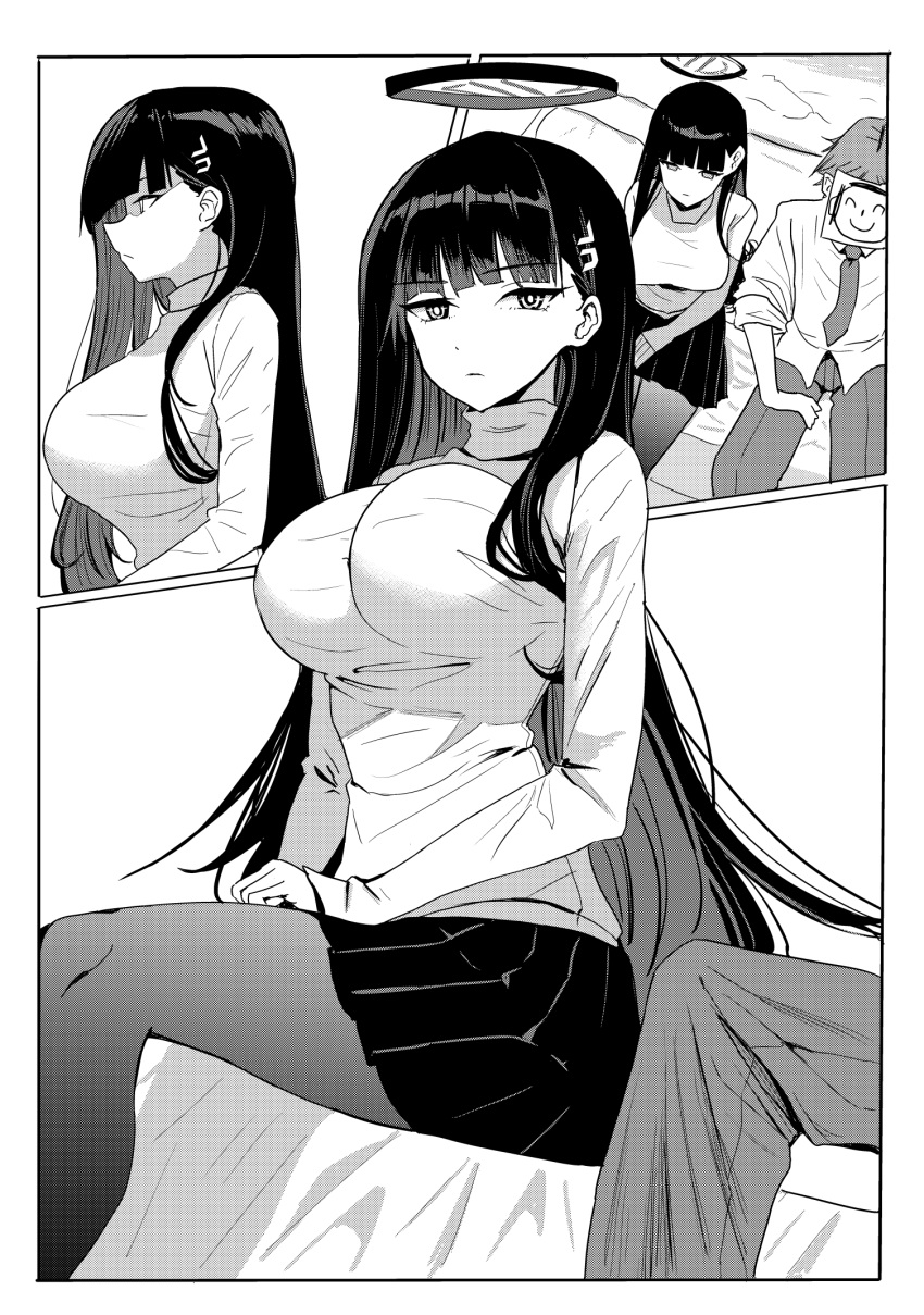 1boy 1girl arona's_sensei_doodle_(blue_archive) blue_archive breasts closed_mouth collared_shirt greyscale halo highres large_breasts long_hair long_sleeves monochrome necktie pants pantyhose pleated_skirt ringed_eyes rio_(blue_archive) sensei_(blue_archive) shirt short_hair shougun_(chuckni1) skirt sweater turtleneck turtleneck_sweater very_long_hair