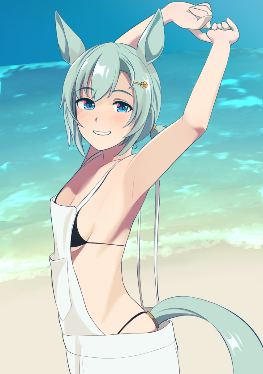 1girl absurdres alternate_costume animal_ears arms_up bare_shoulders beach bikini black_bikini blue_eyes breasts commentary_request cowboy_shot from_side hair_between_eyes hair_ornament hairclip highres horse_ears horse_girl horse_tail kumabachi315 ocean outdoors overalls sand seiun_sky_(umamusume) short_hair short_ponytail sideboob small_breasts smile solo swimsuit tail umamusume water white_overalls