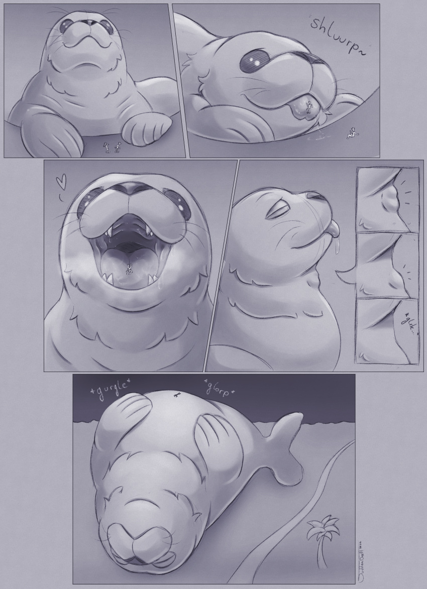 &lt;3 2022 absurd_res ambiguous_gender bodily_fluids comic digestion_noises digital_media_(artwork) drooling duo english_text feral feral_pred gaping_mouth hi_res human human_prey licking lying macro mammal marine on_back open_mouth oral_vore pinniped saliva saliva_on_ground seal small_teeth suddendraft text tongue tongue_out vore