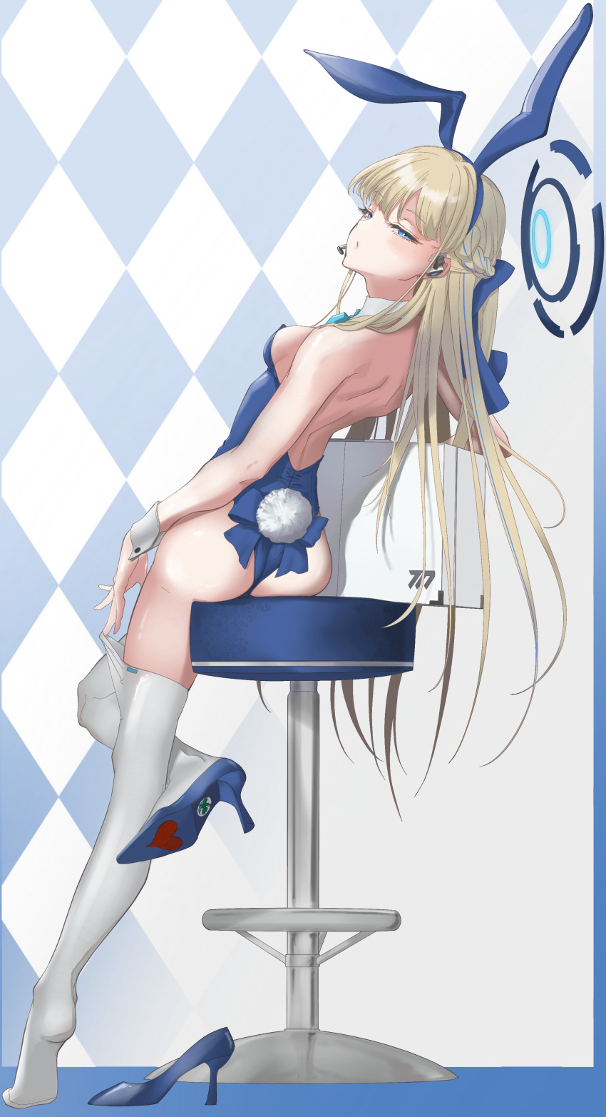 1girl absurdres animal_ears ass backless_leotard bare_shoulders blonde_hair blue_archive blue_bow blue_eyes blue_hairband blue_leotard bow bowtie braid breasts briefcase detached_collar earpiece fake_animal_ears fake_tail hairband halo highleg highleg_leotard highres leaning_back leotard long_hair looking_at_viewer looking_back microphone official_alternate_costume official_alternate_hairstyle playboy_bunny rabbit_ears rabbit_tail shoes single_shoe sitting small_breasts solo stool tail thighhighs thighhighs_pull thighs toki_(blue_archive) toki_(bunny)_(blue_archive) very_long_hair white_thighhighs wrist_cuffs yyano4691