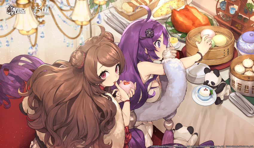 2girls absurdres ahoge azur_lane bamboo_steamer baozi bare_shoulders blush bracelet breasts brown_hair chinese_clothes copyright_name double_bun dress dumpling earrings eating english_commentary feather_boa food hair_bun hair_ornament hairband hairclip highres hitoto holding holding_food indoors jewelry lamp logo long_hair looking_at_viewer looking_back multiple_girls ning_hai_(azur_lane) ning_hai_(gorgeous_violet)_(azur_lane) official_art open_mouth panda ping_hai_(azur_lane) ping_hai_(delicious_crimson)_(azur_lane) plate purple_eyes purple_hair red_eyes shawl sitting sleeveless sleeveless_dress stuffed_animal stuffed_toy table very_long_hair watermark white_dress wristband